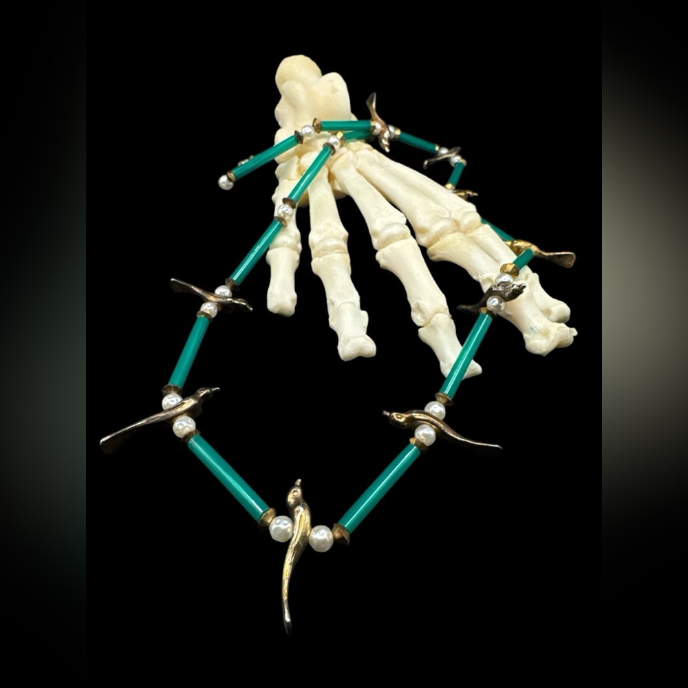 Vintage 80s Kenneth Lane Art Deco Style Swallow Bird Czech Glass Pearl Necklace